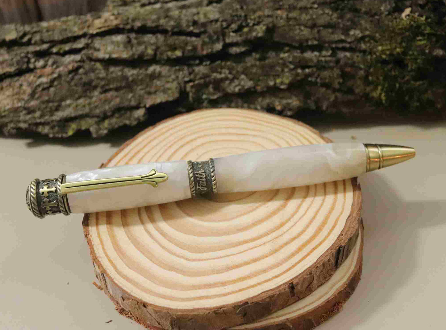 Handcrafted Acrylic Opal White Twist Pen- Faith With Antique Pewter Finish