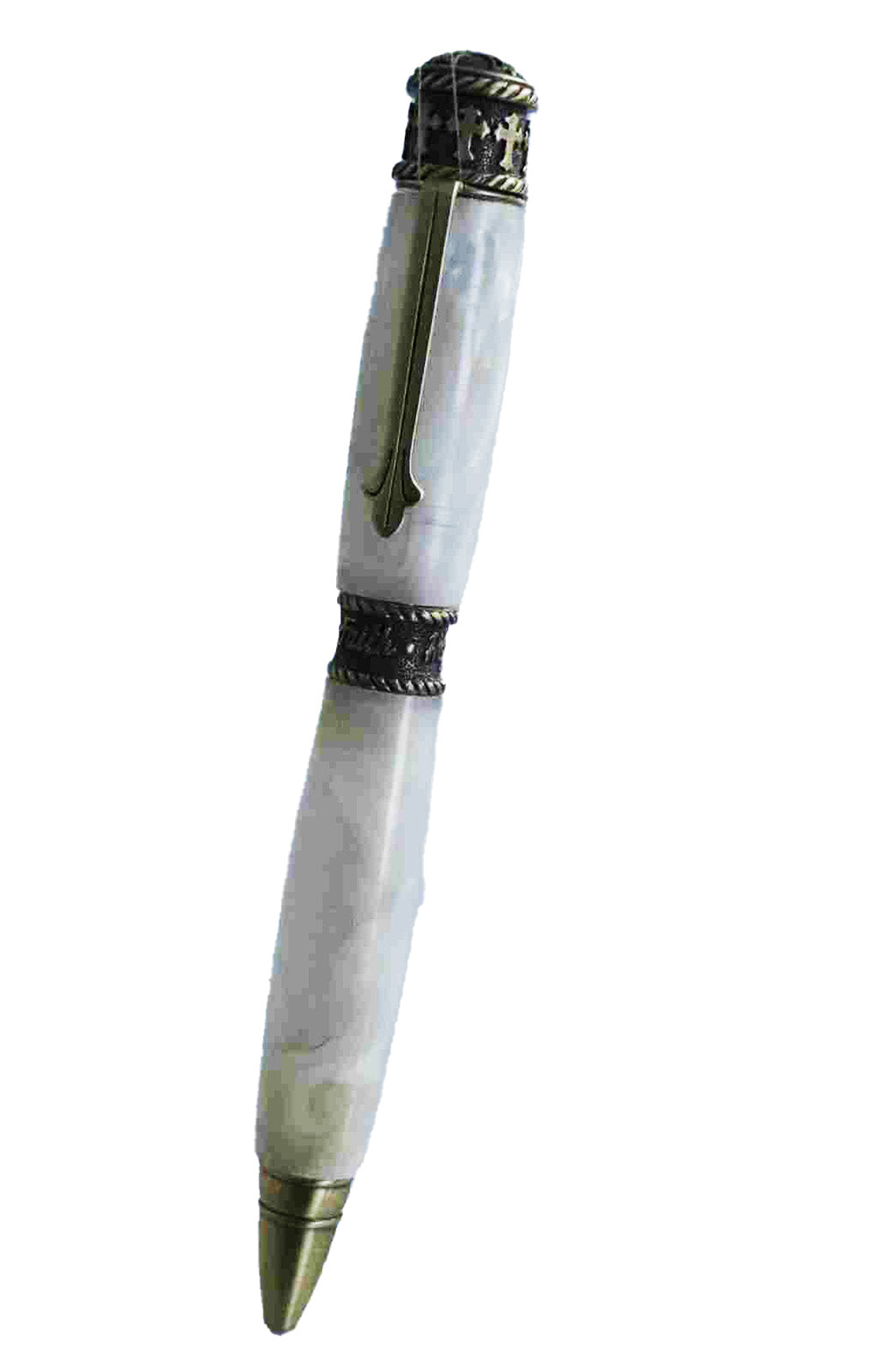 Handcrafted Acrylic Opal White Twist Pen- Faith With Antique Pewter Finish