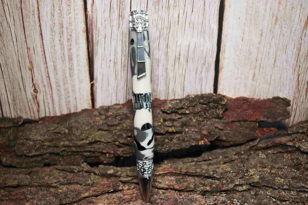 Handcrafted White & Grey Camouflage Acrylic Music Theme Twist Pen with Chrome Finish – Made in USA