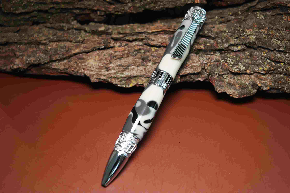 Handcrafted White & Grey Camouflage Acrylic Music Theme Twist Pen with Chrome Finish – Made in USA