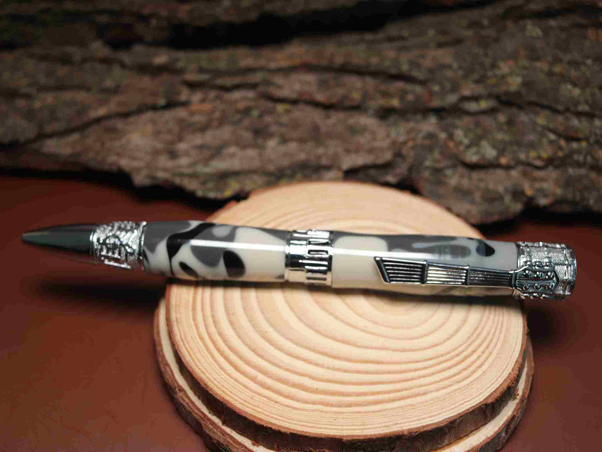 Handcrafted White & Grey Camouflage Acrylic Music Theme Twist Pen with Chrome Finish – Made in USA