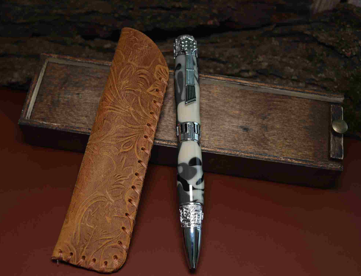 Handcrafted White & Grey Camouflage Acrylic Music Theme Twist Pen with Chrome Finish – Made in USA