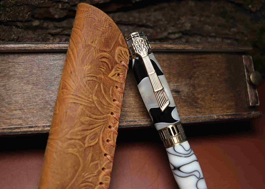 Handcrafted Music Theme Twist Pen – White and Black Acrylic with Antique Brass Finish-Made in USA
