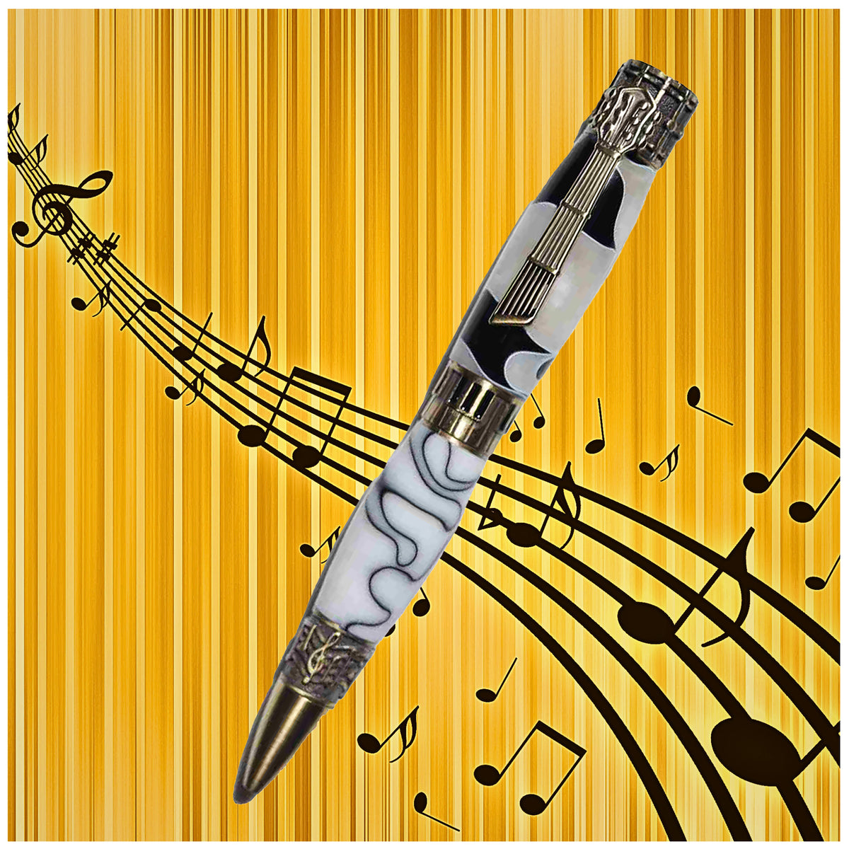 Handcrafted Music Theme Twist Pen – White and Black Acrylic with Antique Brass Finish-Made in USA