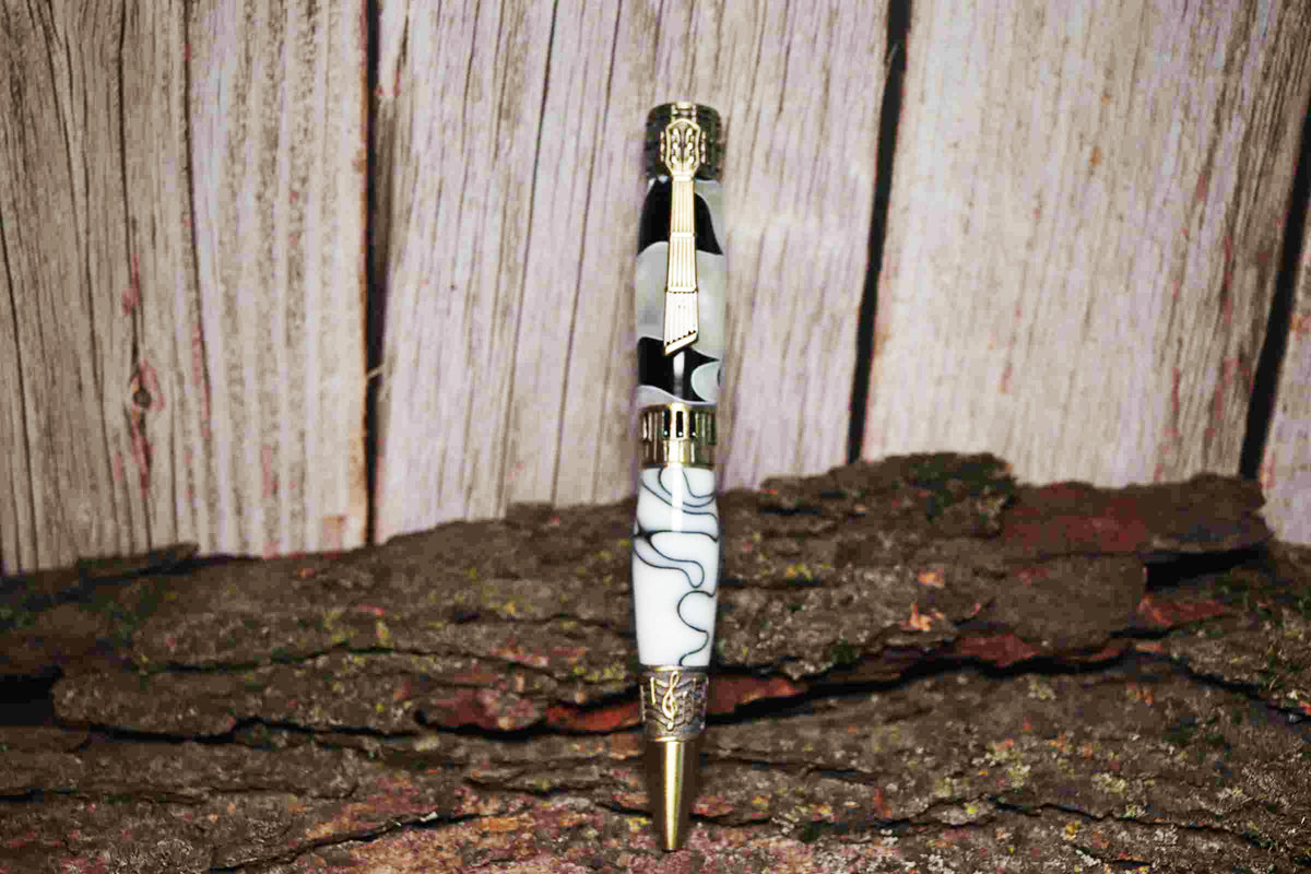 Handcrafted Music Theme Twist Pen – White and Black Acrylic with Antique Brass Finish-Made in USA