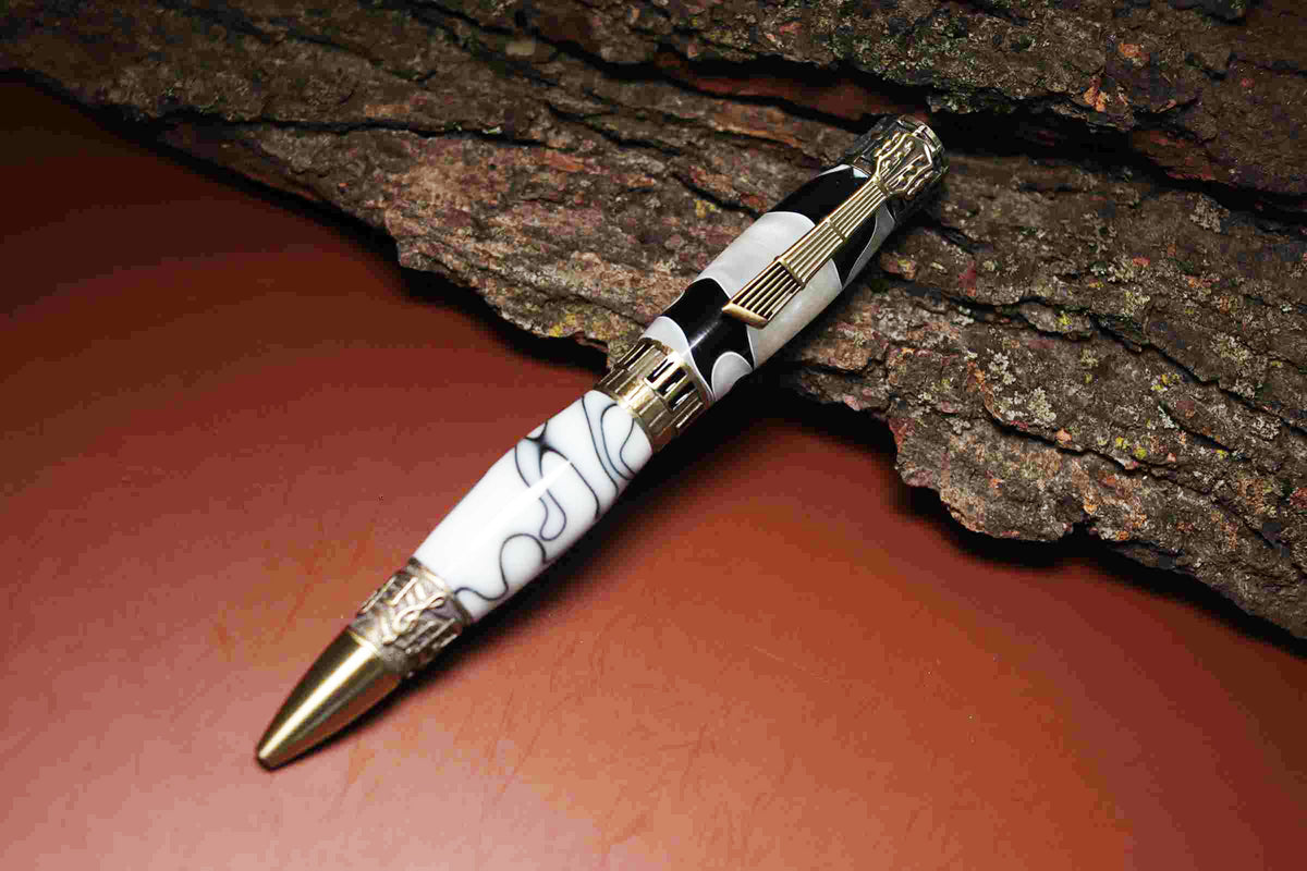 Handcrafted Music Theme Twist Pen – White and Black Acrylic with Antique Brass Finish-Made in USA