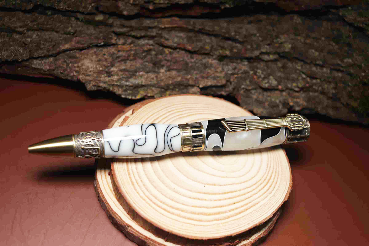 Handcrafted Music Theme Twist Pen – White and Black Acrylic with Antique Brass Finish-Made in USA