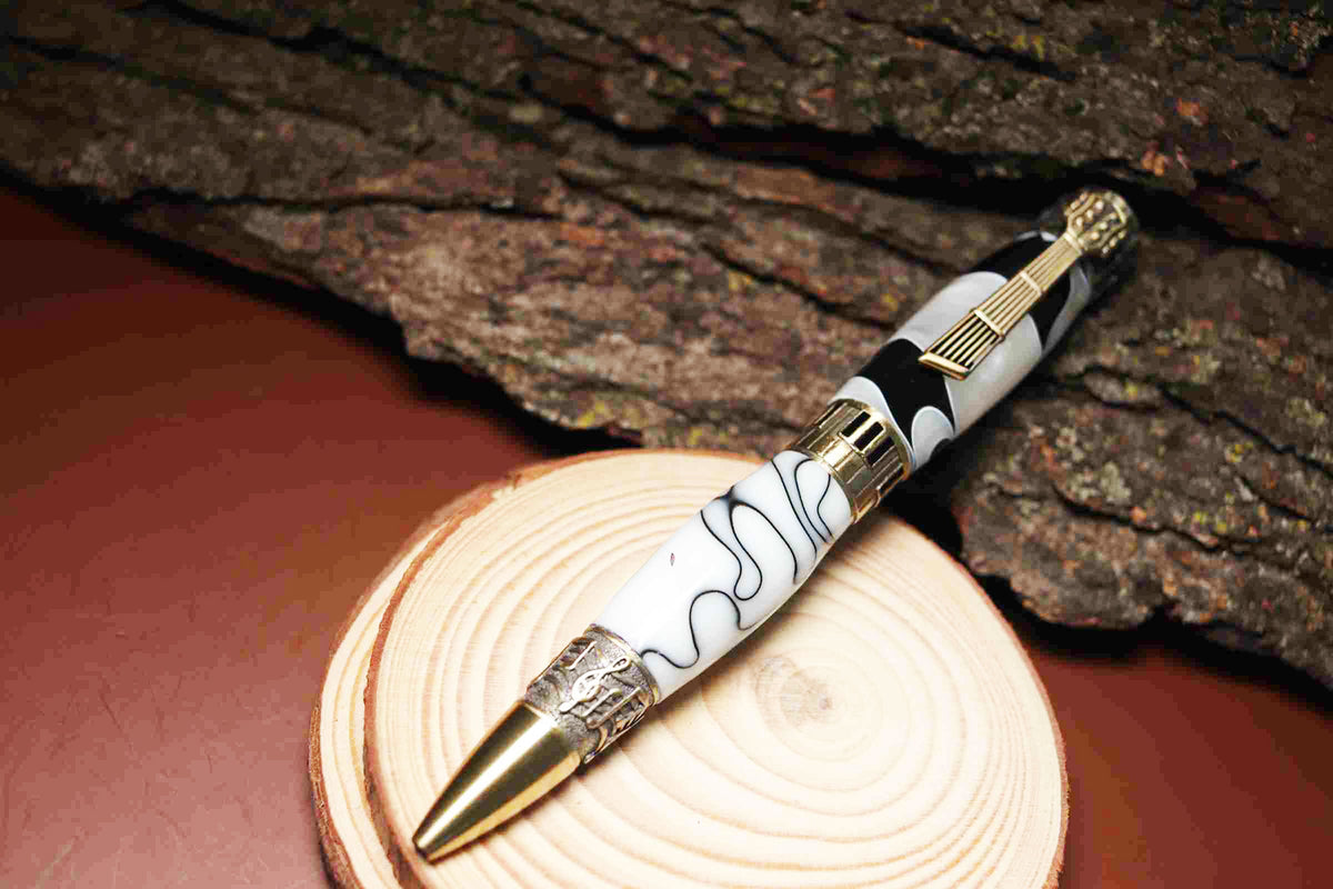 Handcrafted Music Theme Twist Pen – White and Black Acrylic with Antique Brass Finish-Made in USA