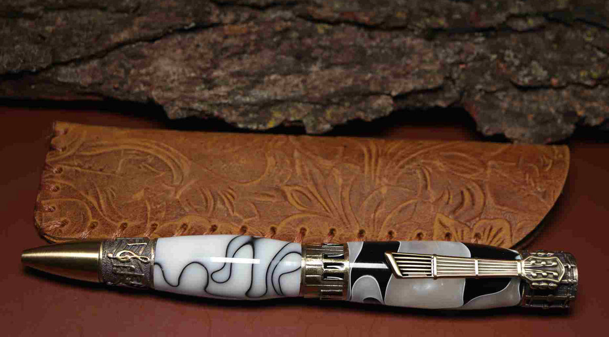 Handcrafted Music Theme Twist Pen – White and Black Acrylic with Antique Brass Finish-Made in USA