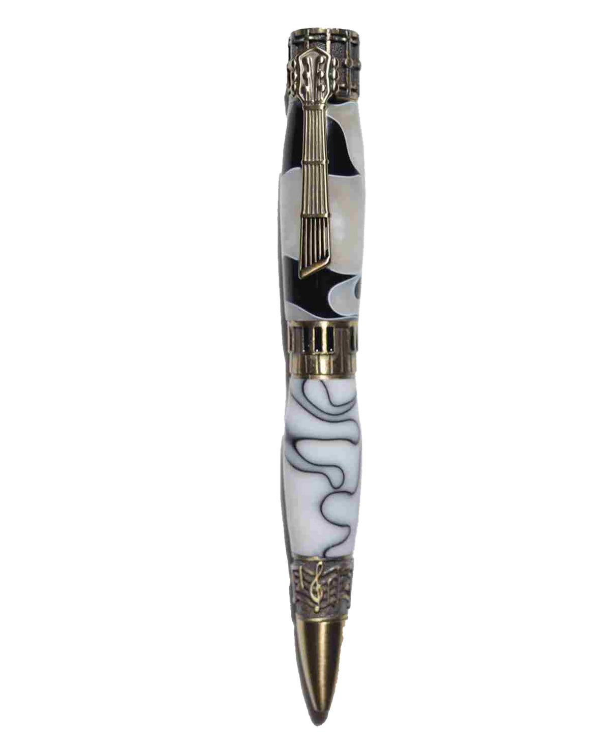 Handcrafted Music Theme Twist Pen – White and Black Acrylic with Antique Brass Finish-Made in USA