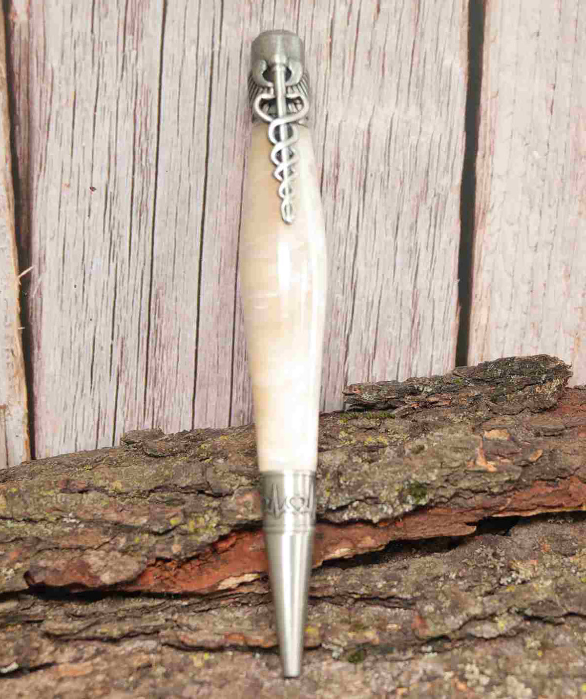 Handcrafted Opal White Acrylic Caduceus Medical Symbol Twist Pen with Antique Pewter Trim – Unique Gift for Healthcare Professionals