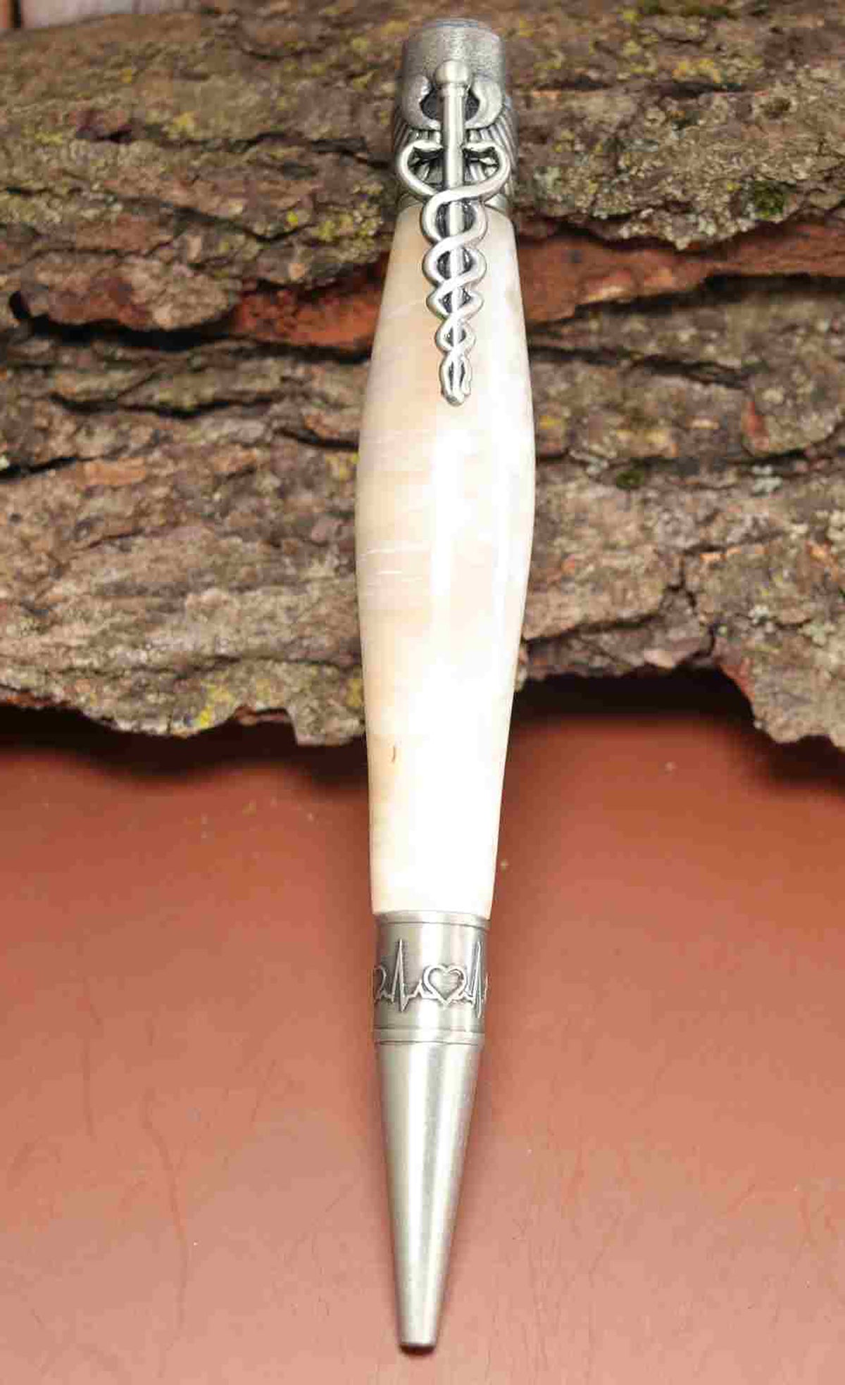 Handcrafted Opal White Acrylic Caduceus Medical Symbol Twist Pen with Antique Pewter Trim – Unique Gift for Healthcare Professionals
