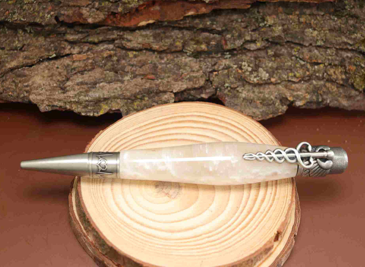 Handcrafted Opal White Acrylic Caduceus Medical Symbol Twist Pen with Antique Pewter Trim – Unique Gift for Healthcare Professionals