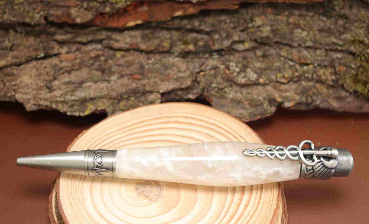 Handcrafted Opal White Acrylic Caduceus Medical Symbol Twist Pen with Antique Pewter Trim – Unique Gift for Healthcare Professionals