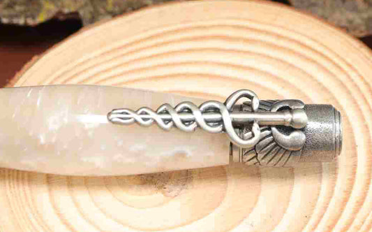 Handcrafted Opal White Acrylic Caduceus Medical Symbol Twist Pen with Antique Pewter Trim – Unique Gift for Healthcare Professionals