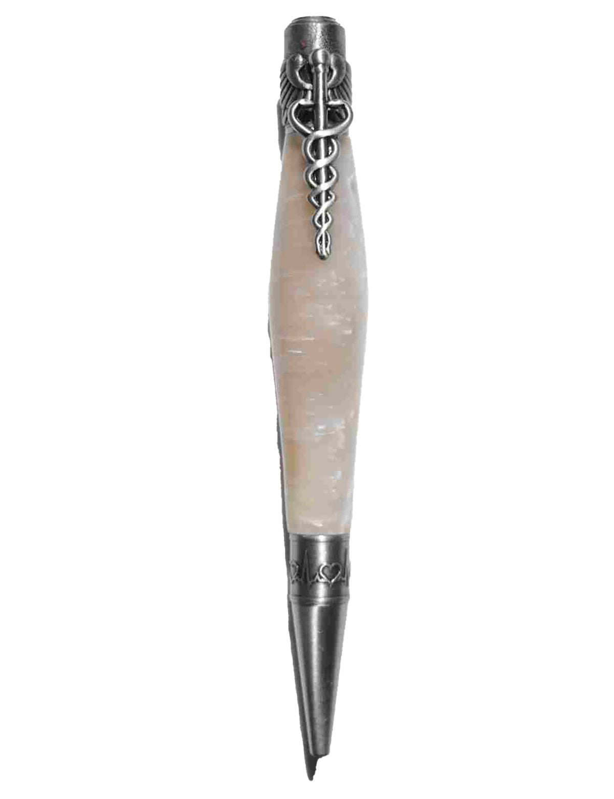 Handcrafted Opal White Acrylic Caduceus Medical Symbol Twist Pen with Antique Pewter Trim – Unique Gift for Healthcare Professionals