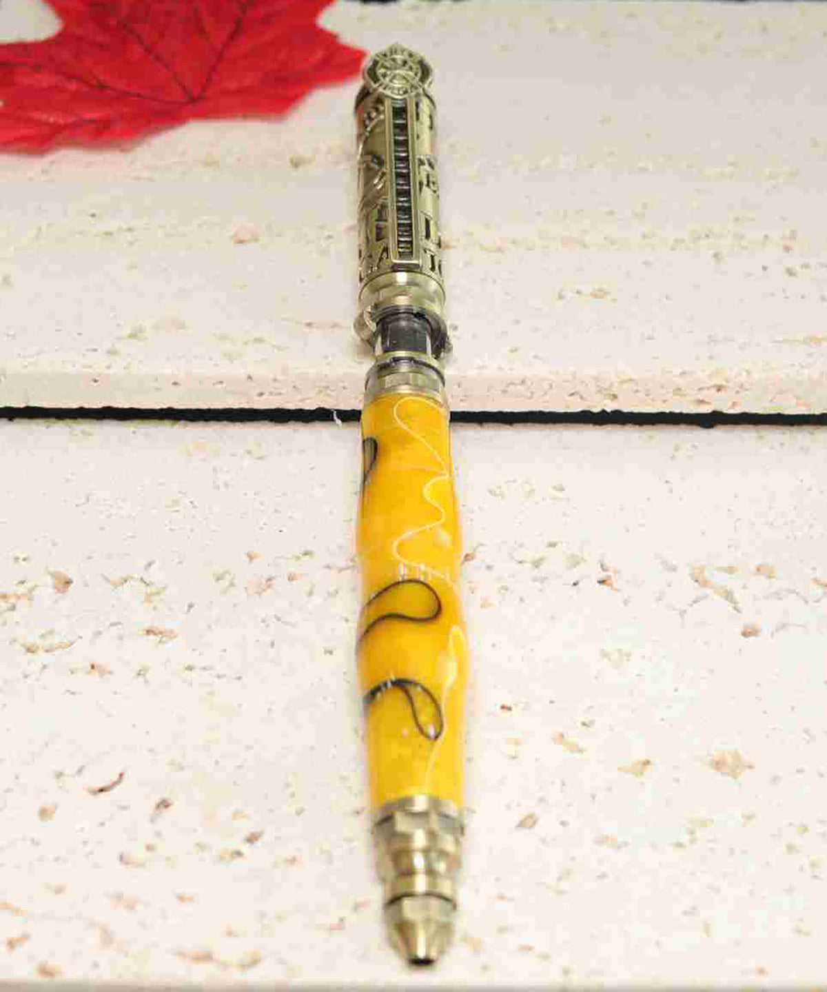 Handcrafted Yellow & Black Acrylic Firefighter Twist Pen with Antique Brass Finish – Made in USA