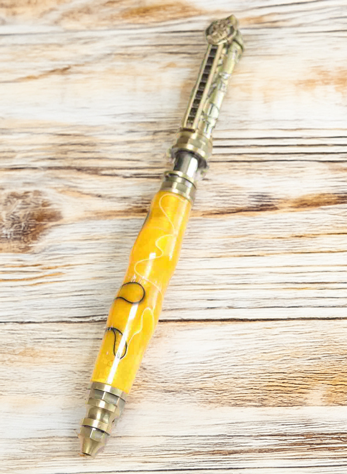 Handcrafted Yellow & Black Acrylic Firefighter Twist Pen with Antique Brass Finish – Made in USA