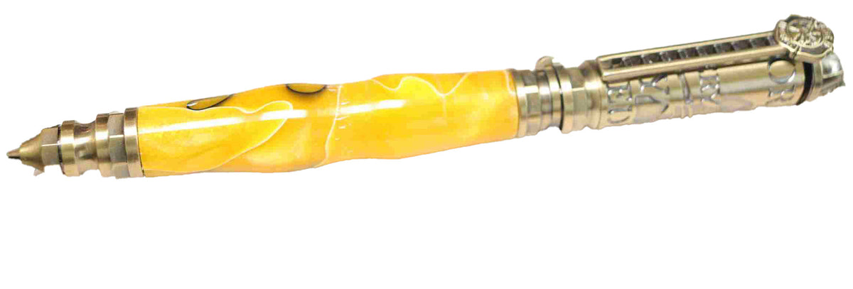 Handcrafted Yellow & Black Acrylic Firefighter Twist Pen with Antique Brass Finish – Made in USA