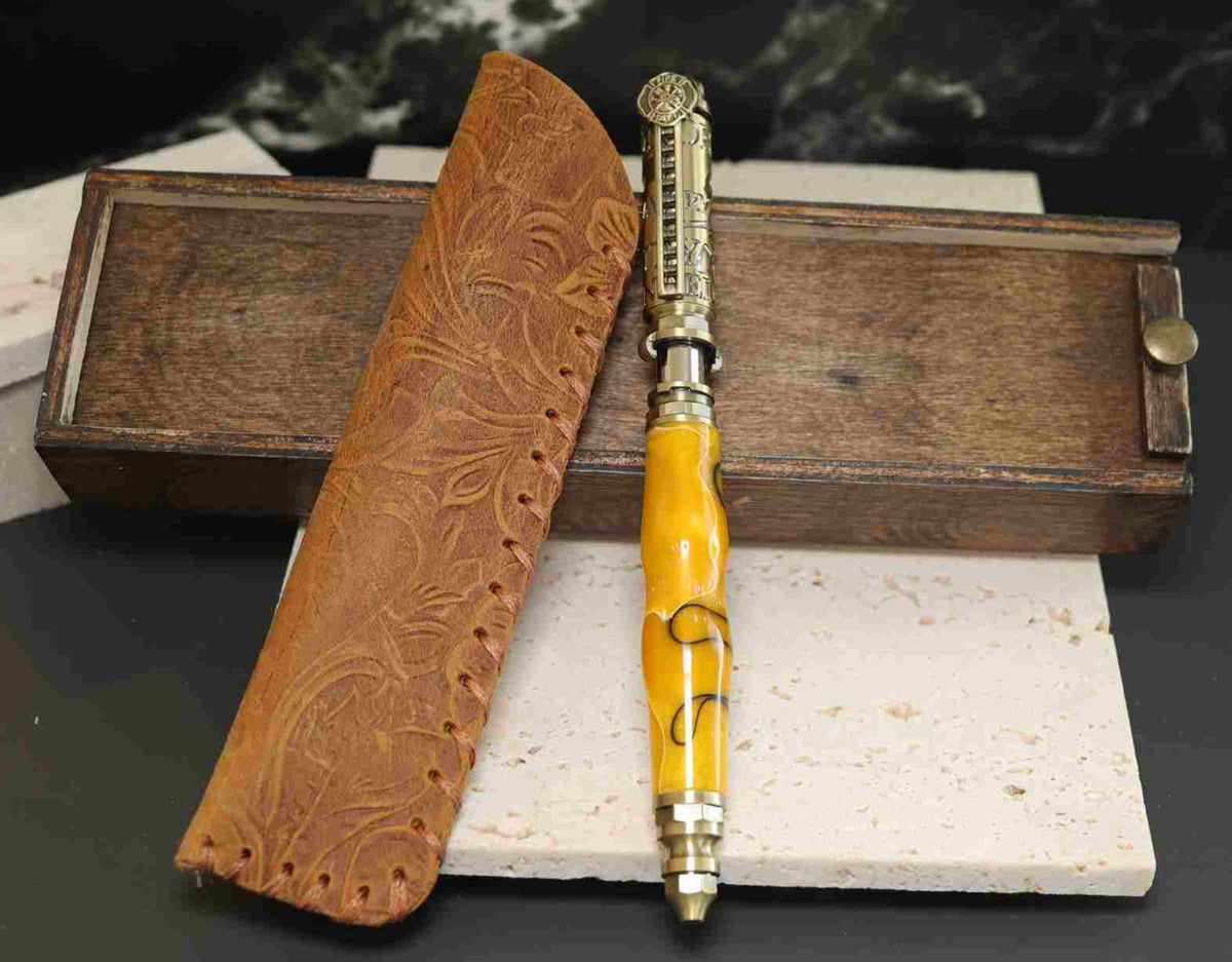 Handcrafted Yellow & Black Acrylic Firefighter Twist Pen with Antique Brass Finish – Made in USA