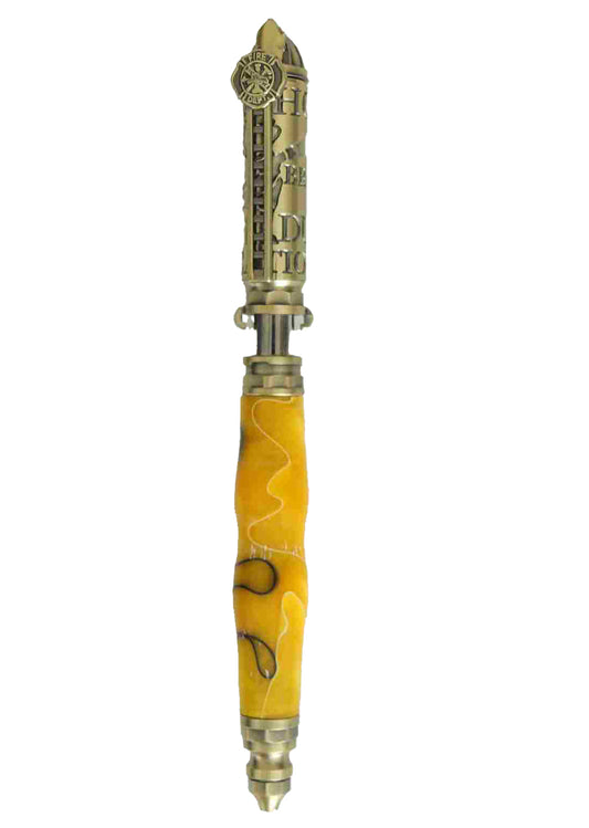 Handcrafted Yellow & Black Acrylic Firefighter Twist Pen with Antique Brass Finish – Made in USA