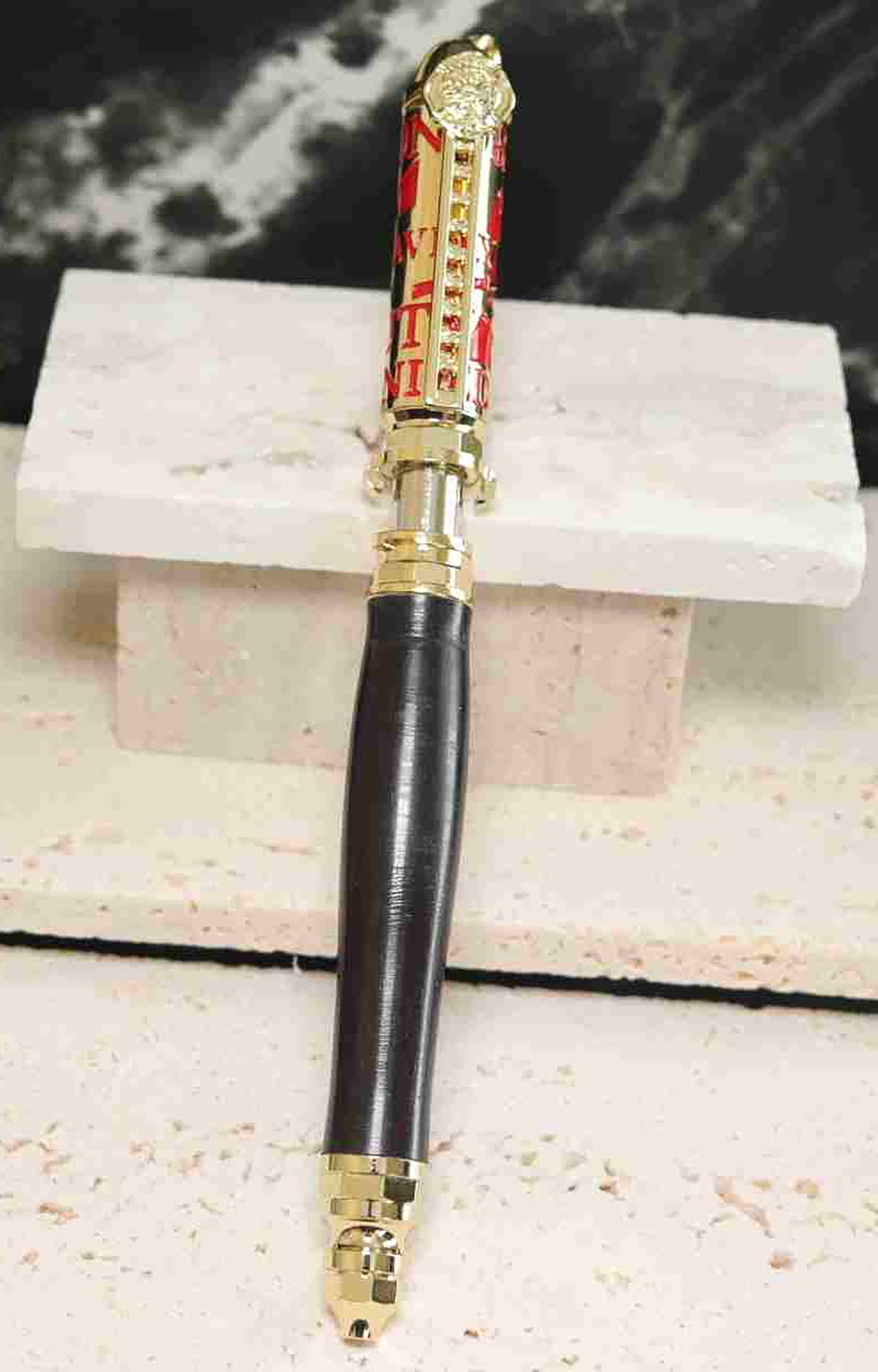 Handcrafted Firefighter Twist Pen – Black Wood with Polished Brass and Red Accents – Made in USA