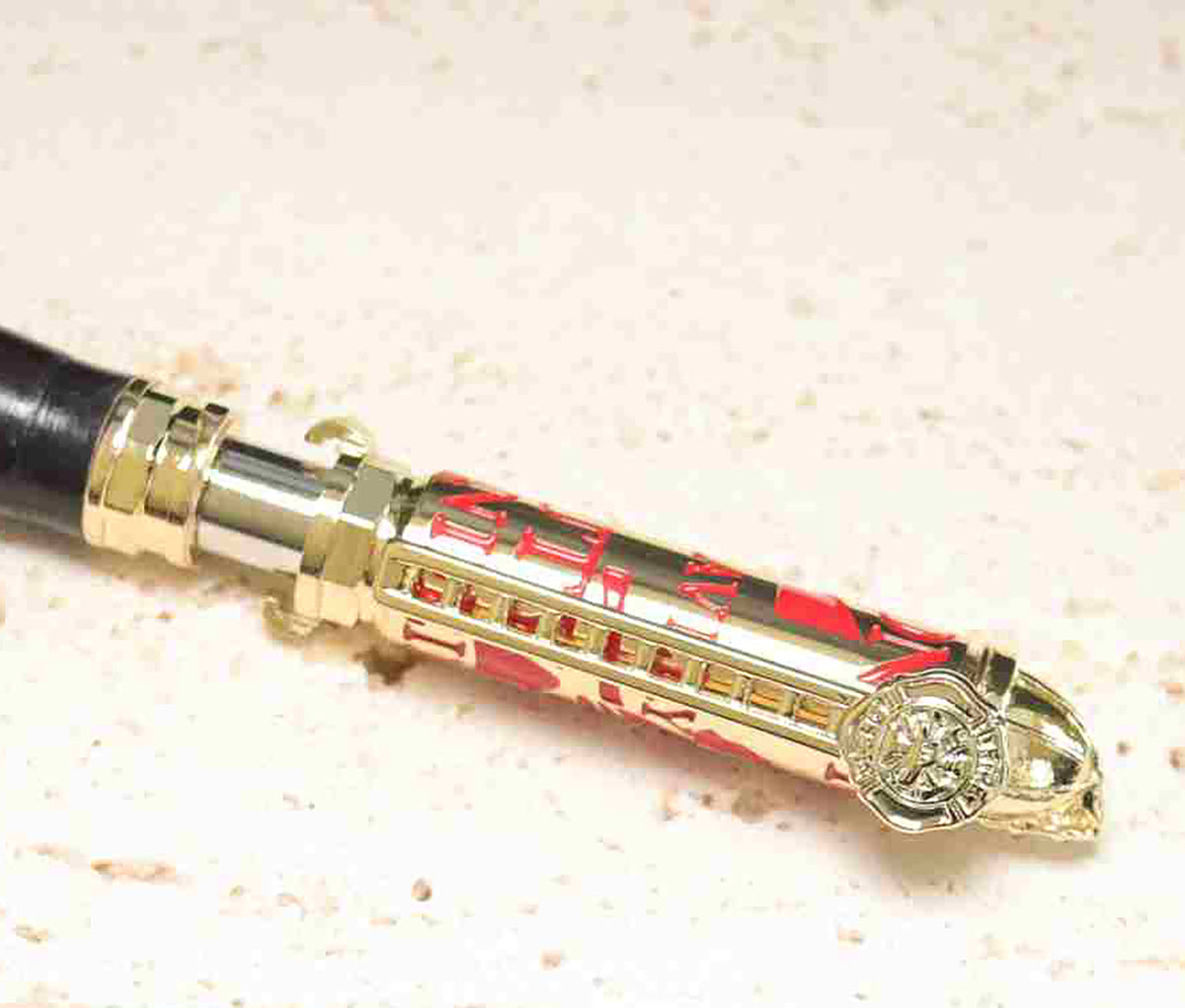 Handcrafted Firefighter Twist Pen – Black Wood with Polished Brass and Red Accents – Made in USA