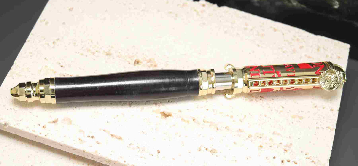 Handcrafted Firefighter Twist Pen – Black Wood with Polished Brass and Red Accents – Made in USA