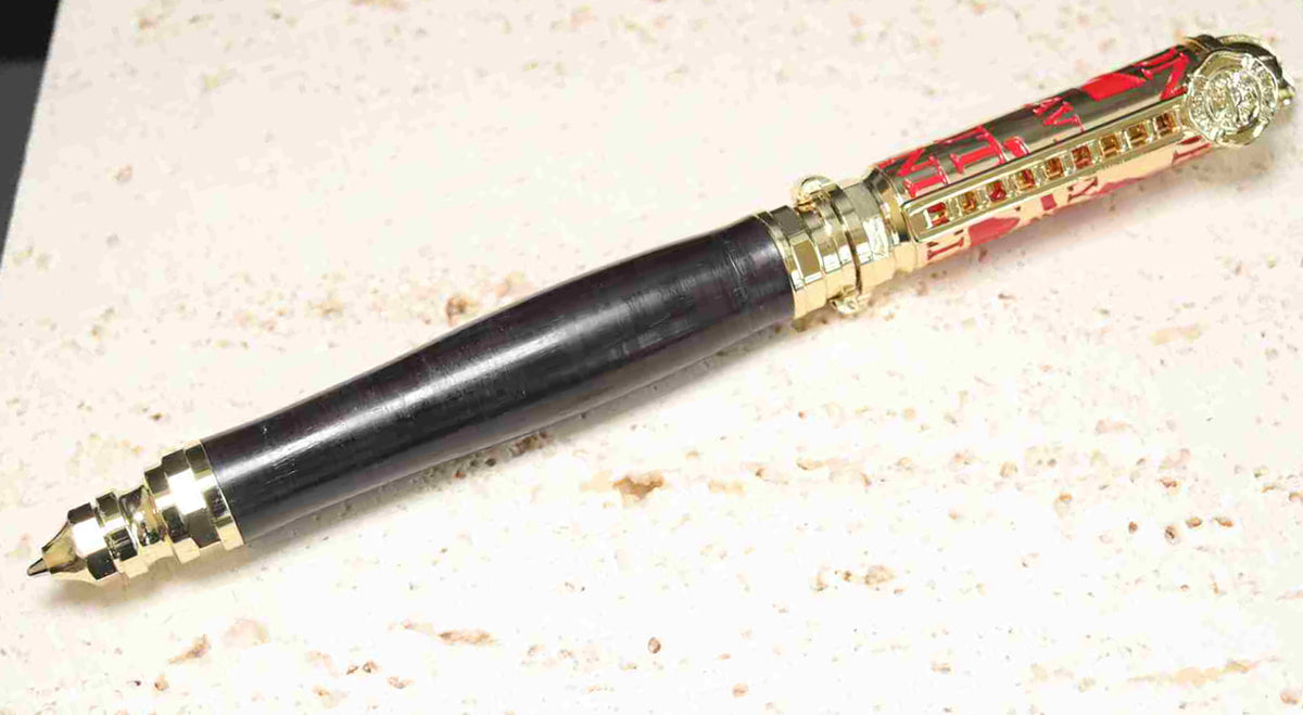 Handcrafted Firefighter Twist Pen – Black Wood with Polished Brass and Red Accents – Made in USA