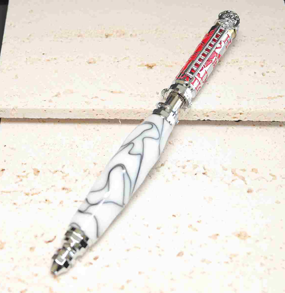 Handcrafted Firefighter Theme Twist Pen – White & Black Acrylic with Chrome and Red Accents – Made in USA