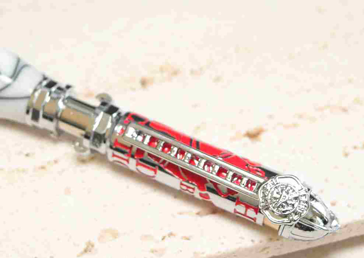 Handcrafted Firefighter Theme Twist Pen – White & Black Acrylic with Chrome and Red Accents – Made in USA