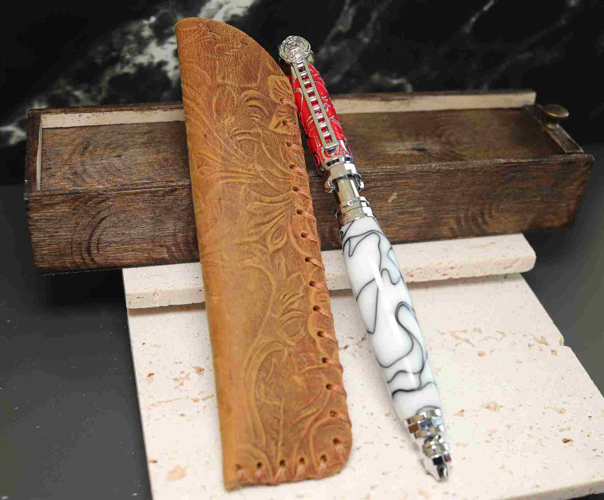 Handcrafted Firefighter Theme Twist Pen – White & Black Acrylic with Chrome and Red Accents – Made in USA