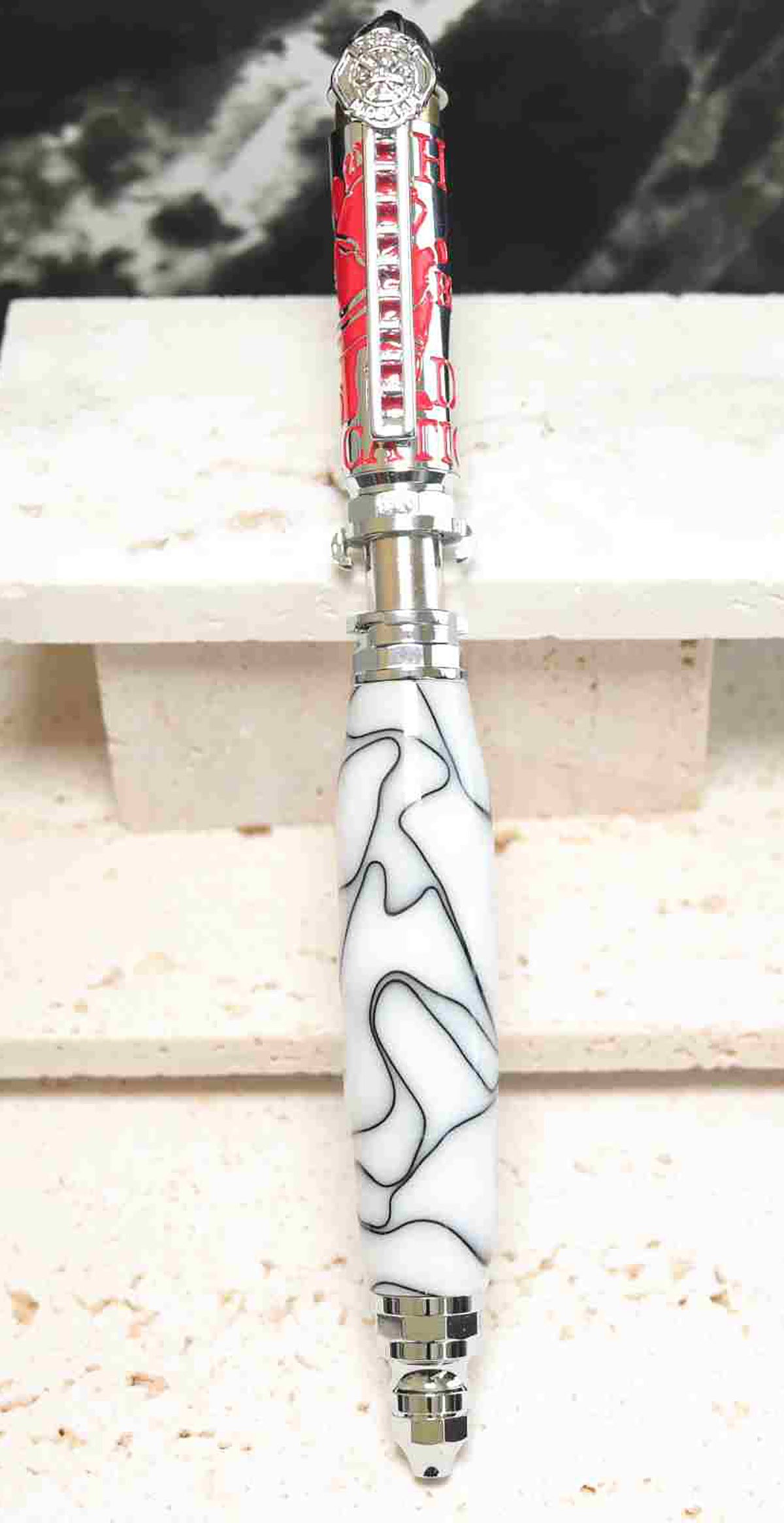 Handcrafted Firefighter Theme Twist Pen – White & Black Acrylic with Chrome and Red Accents – Made in USA