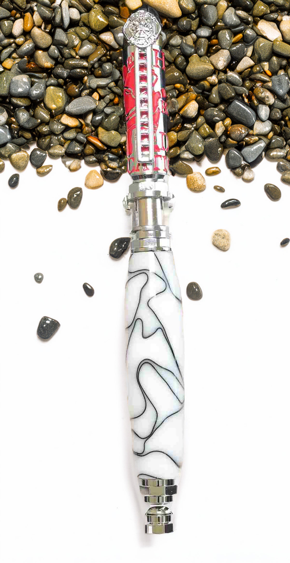 Handcrafted Firefighter Theme Twist Pen – White & Black Acrylic with Chrome and Red Accents – Made in USA