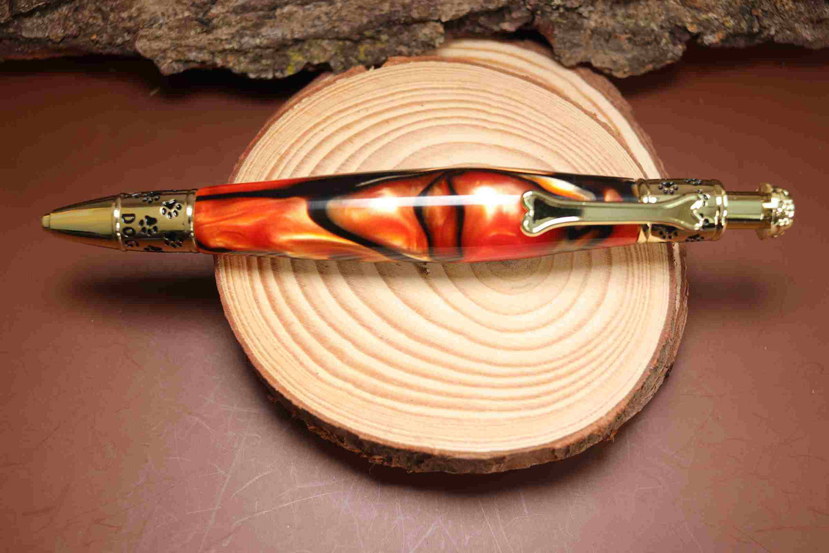 Handcrafted Dog Theme Click Pen – Copper Color Acrylic with Golden Dog Design – Refillable Ballpoint Pen Made in USA