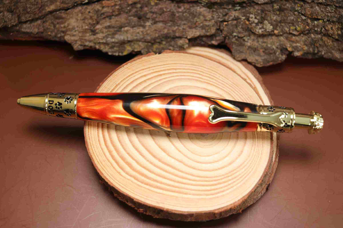 Handcrafted Dog Theme Click Pen – Copper Color Acrylic with Golden Dog Design – Refillable Ballpoint Pen Made in USA