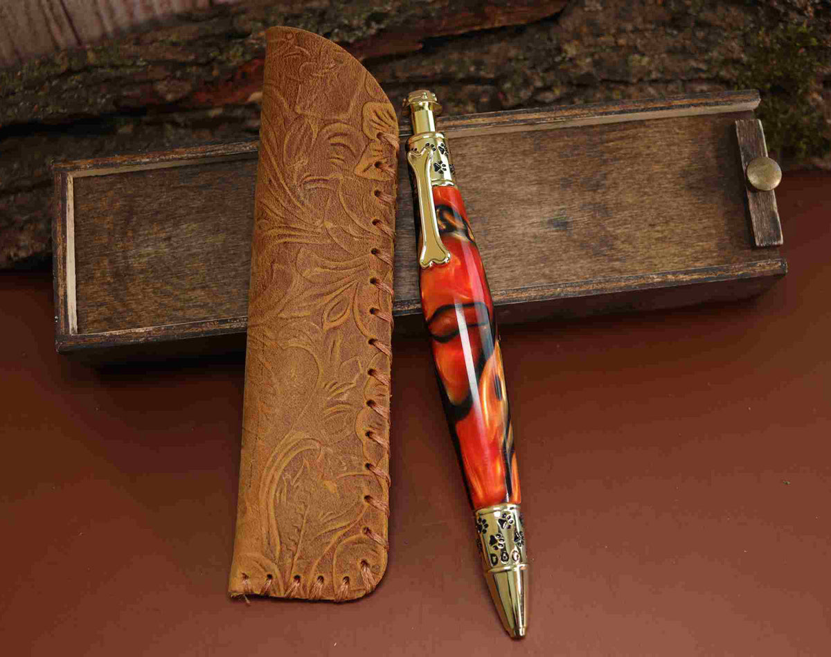 Handcrafted Dog Theme Click Pen – Copper Color Acrylic with Golden Dog Design – Refillable Ballpoint Pen Made in USA