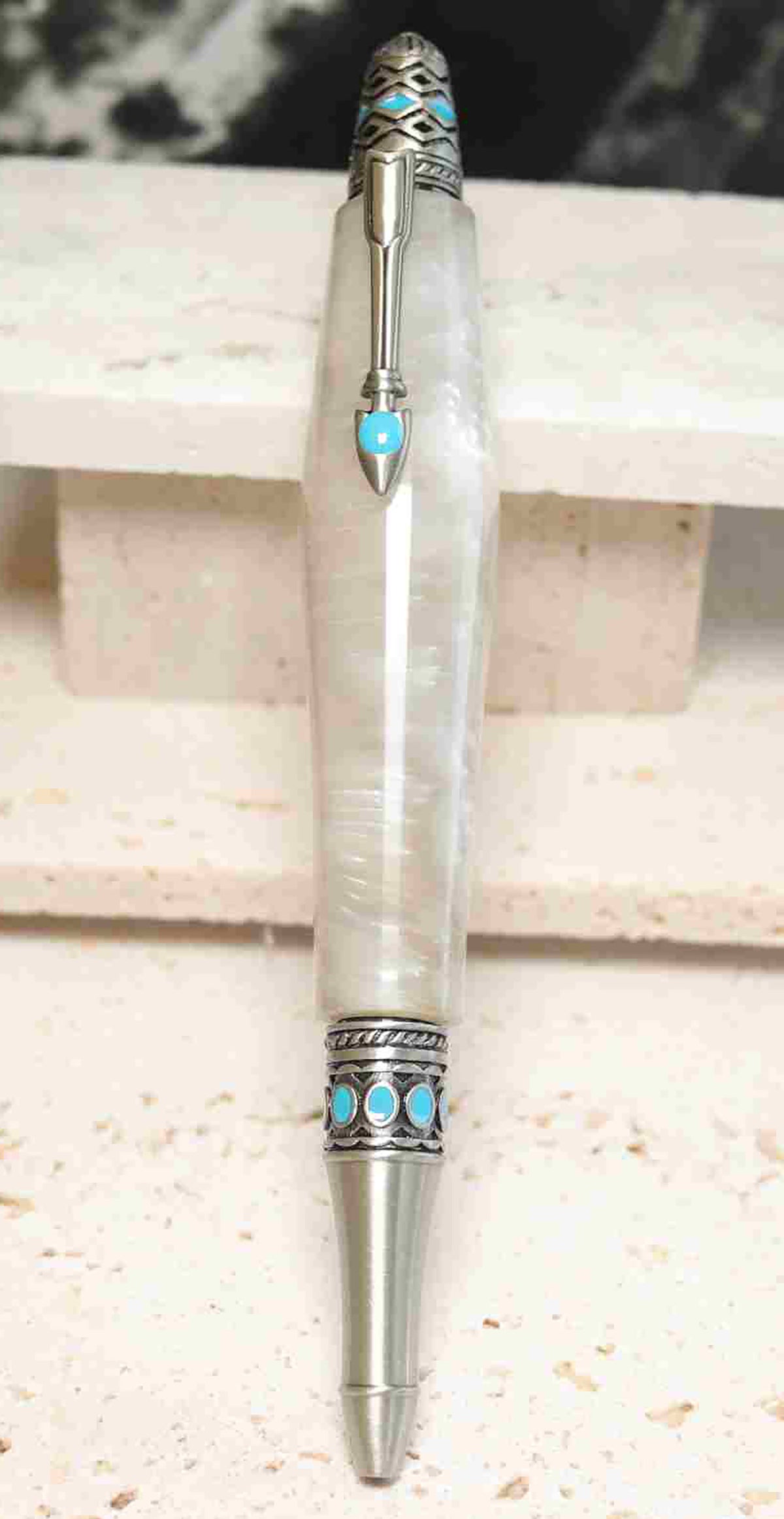 Opal White Boho Twist Pen – Antique Pewter Accents – USA Made