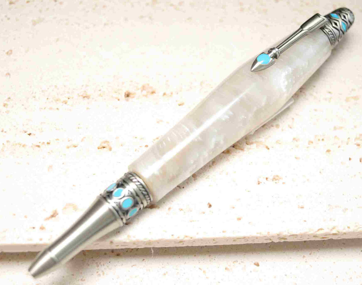Opal White Boho Twist Pen – Antique Pewter Accents – USA Made