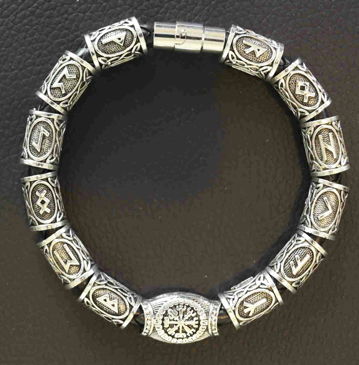 Stainless Steel Men’s Braided Leather Bracelet with 13 Norse Runes