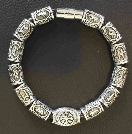 Stainless Steel Men’s Braided Leather Bracelet with 13 Norse Runes