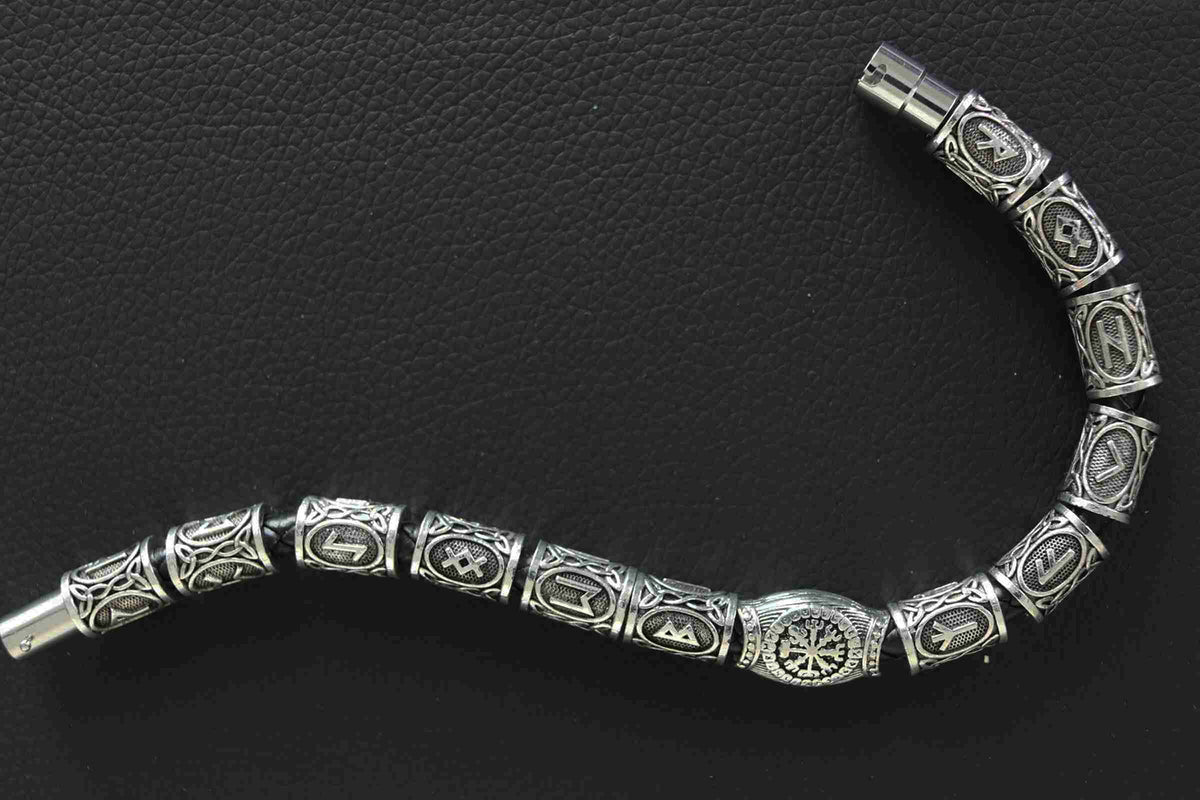 Stainless Steel Men’s Braided Leather Bracelet with 13 Norse Runes