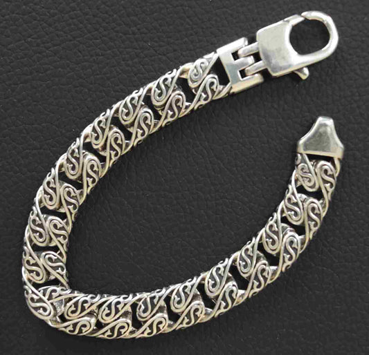 Stainless Steel 11.5mm Flat Link Bracelet with Intricate Detailing and Sterling Silver Plating