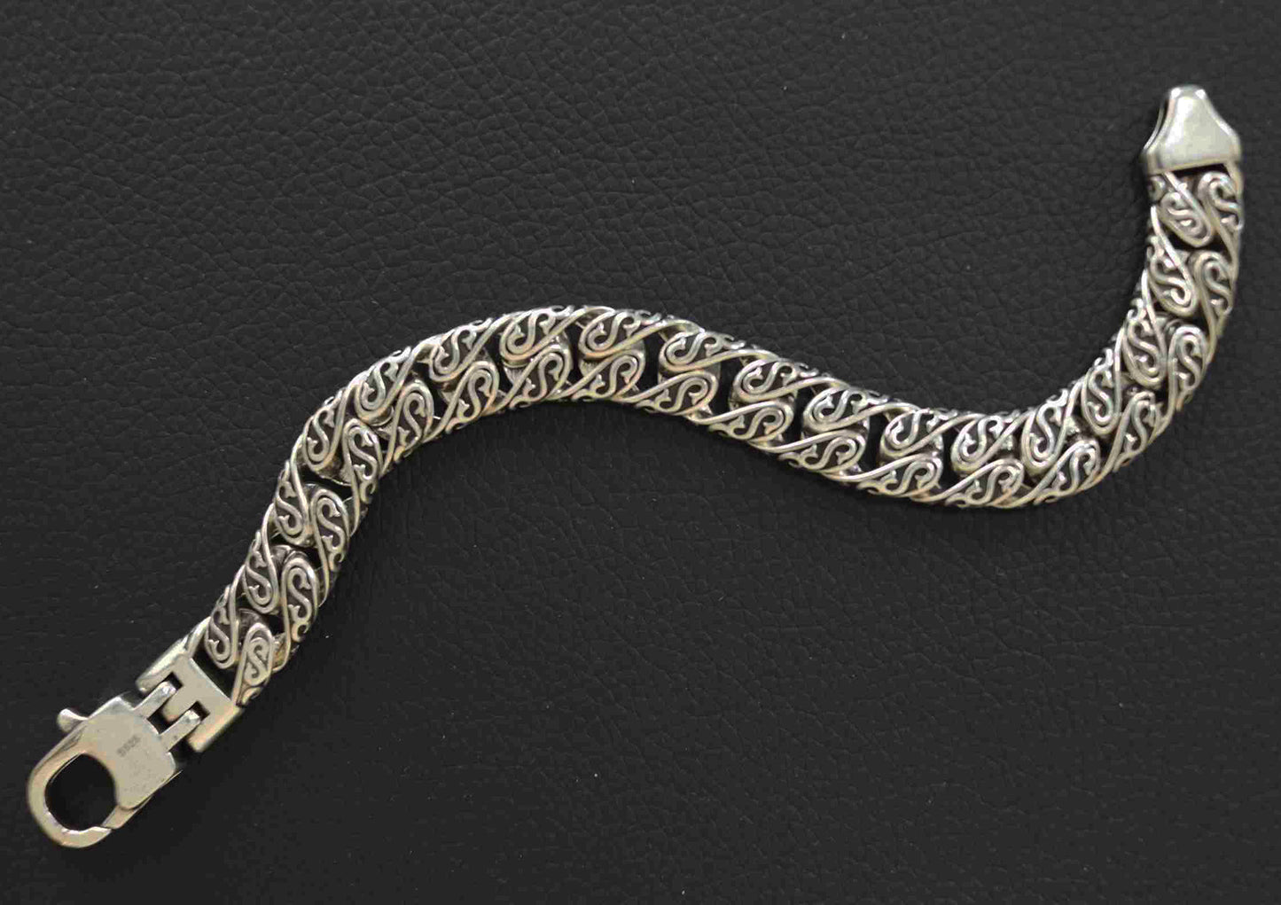Stainless Steel 11.5mm Flat Link Bracelet with Intricate Detailing and Sterling Silver Plating