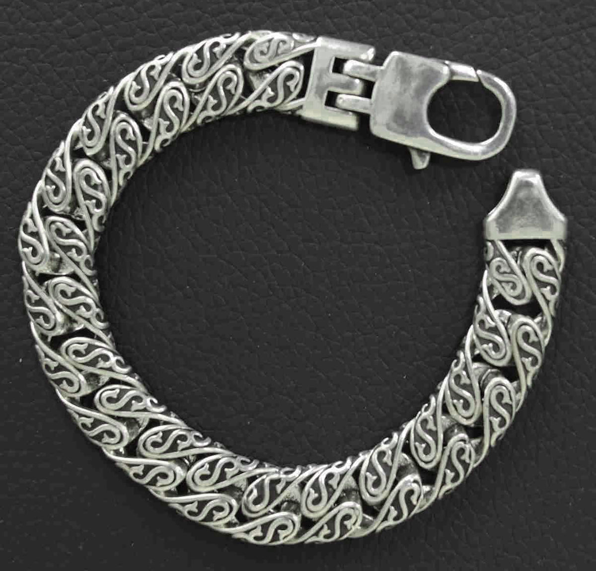 Stainless Steel 11.5mm Flat Link Bracelet with Intricate Detailing and Sterling Silver Plating