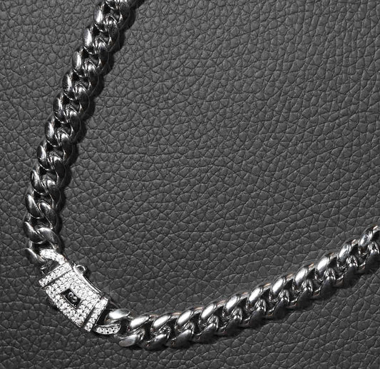 Stainless Steel 8mm Cuban Link Miami Style Necklace with CZ Slide Safety Clasp