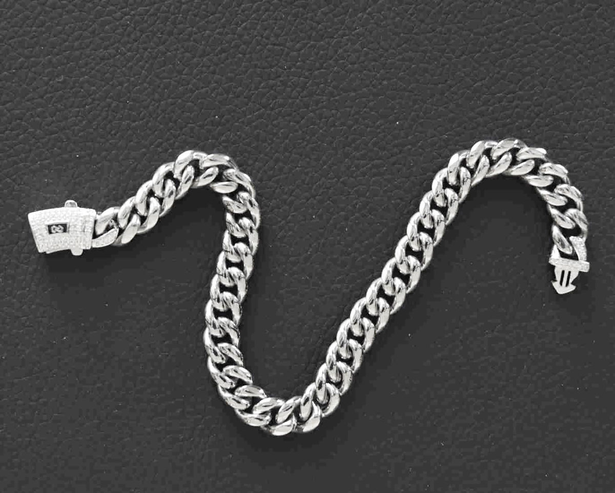 Stainless Steel 8mm Cuban Link Miami Style Bracelet with CZ Slide Safety Clasp