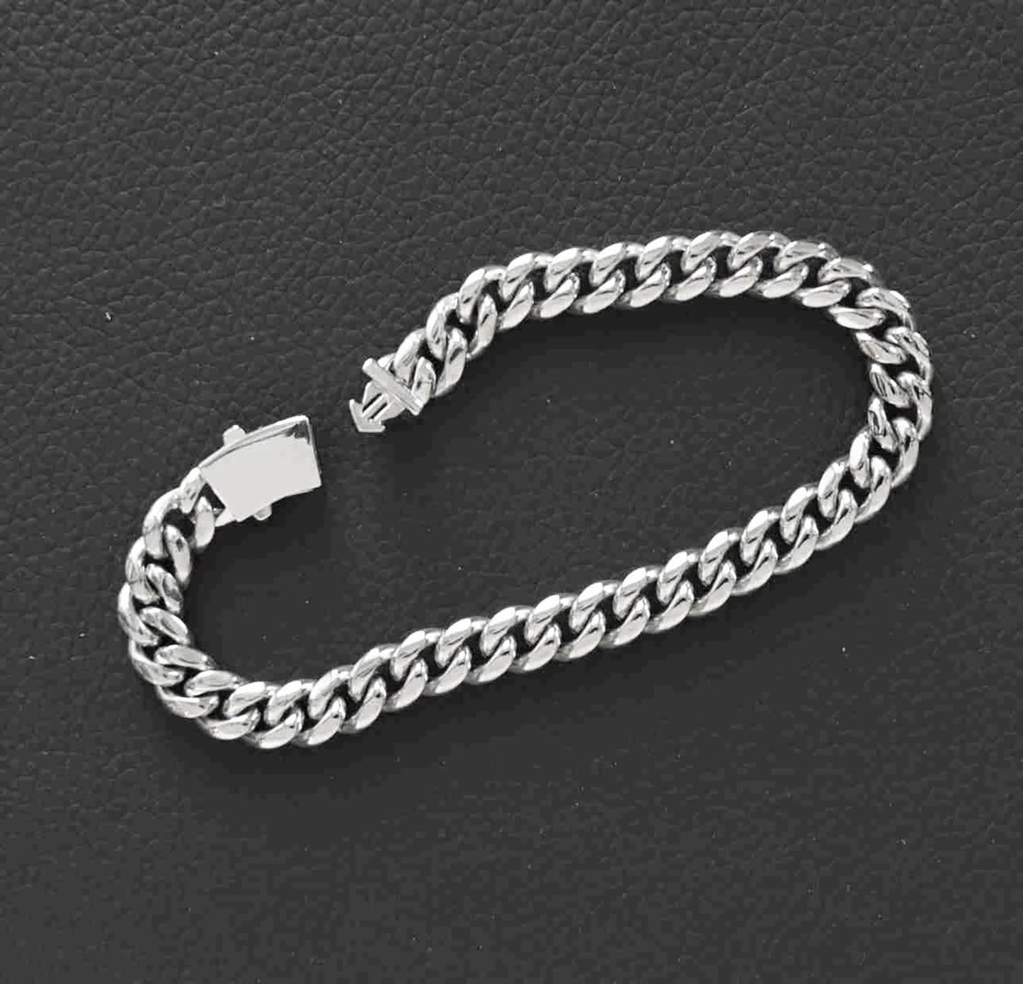 Stainless Steel 8mm Cuban Link Miami Style Bracelet with CZ Slide Safety Clasp