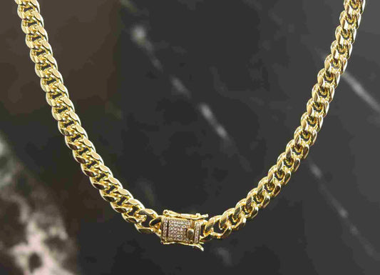 Gold-Plated Stainless Steel 8mm Cuban Link Miami Style Necklace with CZ Slide Safety Clasp