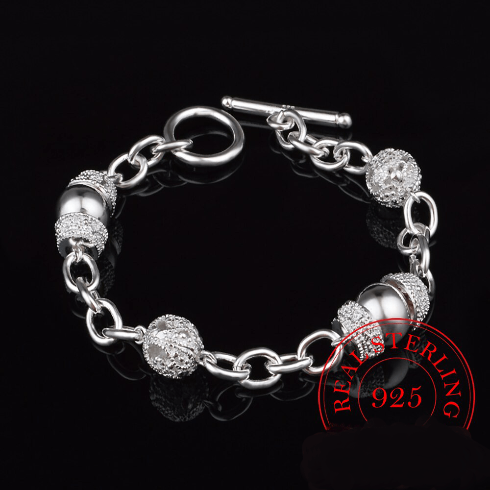 Sterling Silver Bracelet With Florentine And High Polish Ball- Toggle Clasp
